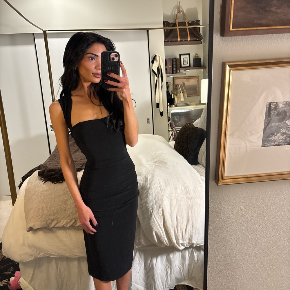 Laundry by Shelli Segal | Black Corset Ruched Open Back Midi Dress |